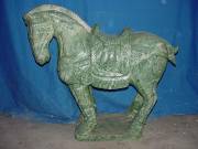  Item No. ( LH3B )  LG. SADDLED TANG HORSE.  This horse is made from one piece solid Jade. This is a very beautiful unique solid 1 piece stone carving. It comes with a wooden base. 
SIZE:  28in. X 9 in. X 24 in.  price: $760.00 + S/H from NY.
Click Here To See Big Picture.