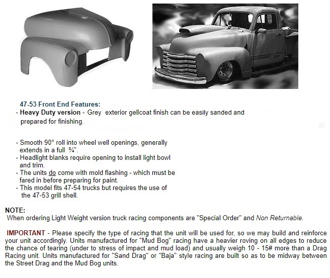 1947-1954 Chevrolet Chevy Front End Fiberglass truck Body