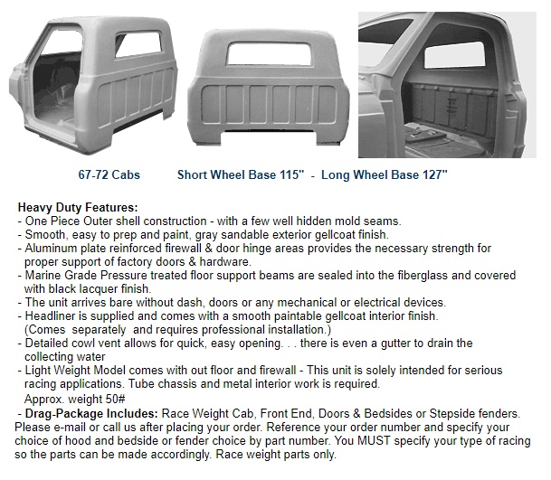 67-72 Chevrolet Chevy regular cab chevy Fiberglass truck Cab