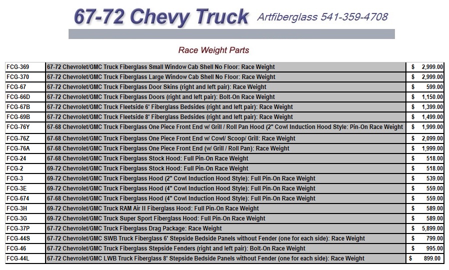 67-72 Chevrolet Chevy regular cab chevy Fiberglass truck Body