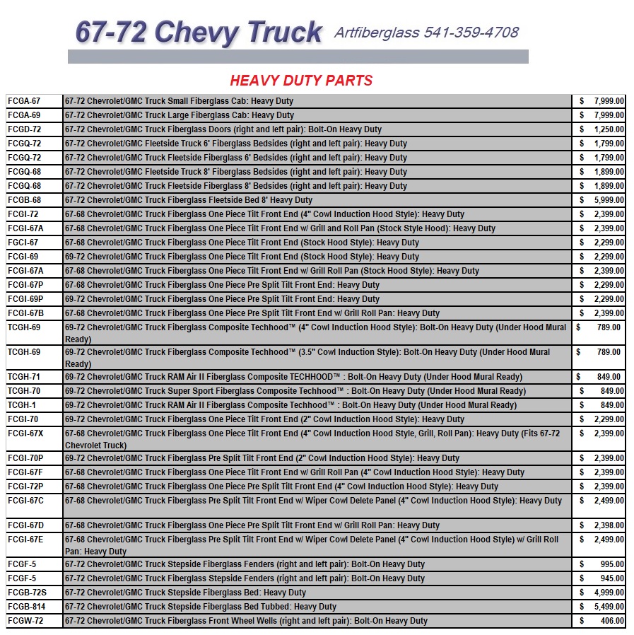 67-72 Chevrolet Chevy regular cab chevy Fiberglass truck Body