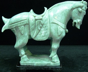 JADE HORSE, TANG SADDLE HORSE (LH8), Price = $ 89.99 + S/H size approx H. 6 inch x W. 7 inch